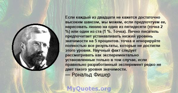 Если каждый из двадцати не кажется достаточно высоким шансом, мы можем, если предпочтуем ее, нарисовать линию на один из пятидесяти (точка 2 %) или один из ста (1 %. Точка). Лично писатель предпочитает устанавливать