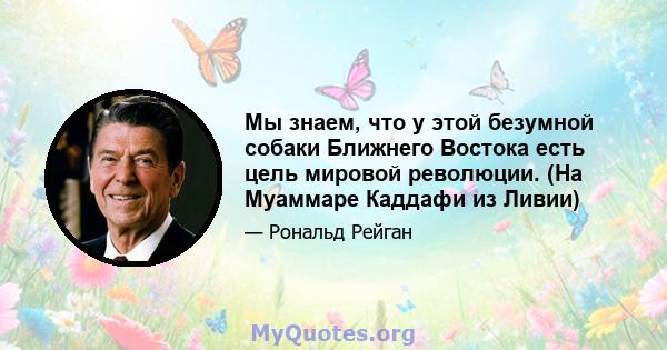 Мы знаем, что у этой безумной собаки Ближнего Востока есть цель мировой революции. (На Муаммаре Каддафи из Ливии)