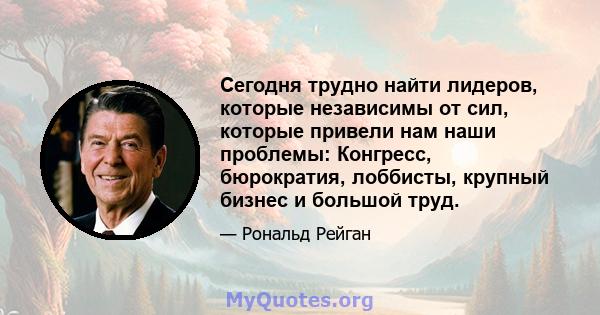 Сегодня трудно найти лидеров, которые независимы от сил, которые привели нам наши проблемы: Конгресс, бюрократия, лоббисты, крупный бизнес и большой труд.