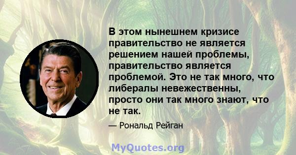 В этом нынешнем кризисе правительство не является решением нашей проблемы, правительство является проблемой. Это не так много, что либералы невежественны, просто они так много знают, что не так.