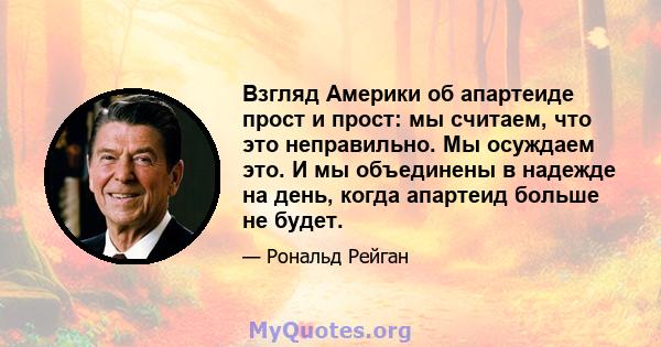 Взгляд Америки об апартеиде прост и прост: мы считаем, что это неправильно. Мы осуждаем это. И мы объединены в надежде на день, когда апартеид больше не будет.