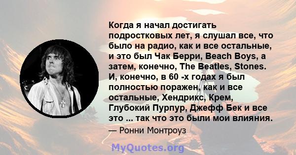 Когда я начал достигать подростковых лет, я слушал все, что было на радио, как и все остальные, и это был Чак Берри, Beach Boys, а затем, конечно, The Beatles, Stones. И, конечно, в 60 -х годах я был полностью поражен,