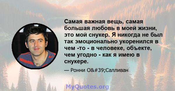 Самая важная вещь, самая большая любовь в моей жизни, это мой снукер. Я никогда не был так эмоционально укоренился в чем -то - в человеке, объекте, чем угодно - как я имею в снукере.