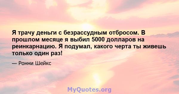 Я трачу деньги с безрассудным отбросом. В прошлом месяце я выбил 5000 долларов на реинкарнацию. Я подумал, какого черта ты живешь только один раз!