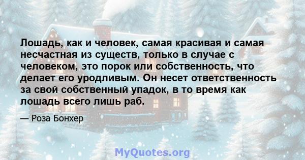 Лошадь, как и человек, самая красивая и самая несчастная из существ, только в случае с человеком, это порок или собственность, что делает его уродливым. Он несет ответственность за свой собственный упадок, в то время