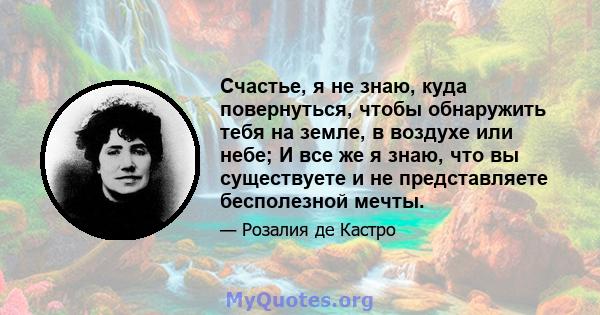 Счастье, я не знаю, куда повернуться, чтобы обнаружить тебя на земле, в воздухе или небе; И все же я знаю, что вы существуете и не представляете бесполезной мечты.