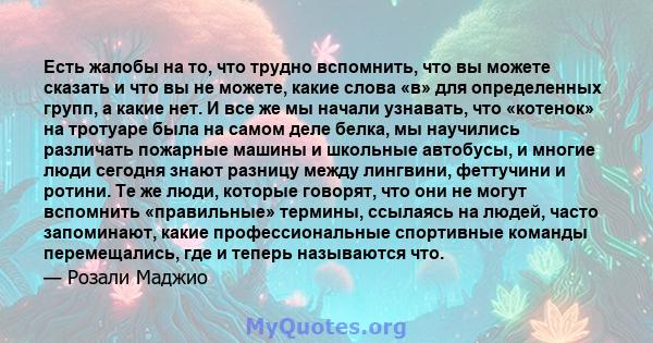 Есть жалобы на то, что трудно вспомнить, что вы можете сказать и что вы не можете, какие слова «в» для определенных групп, а какие нет. И все же мы начали узнавать, что «котенок» на тротуаре была на самом деле белка, мы 