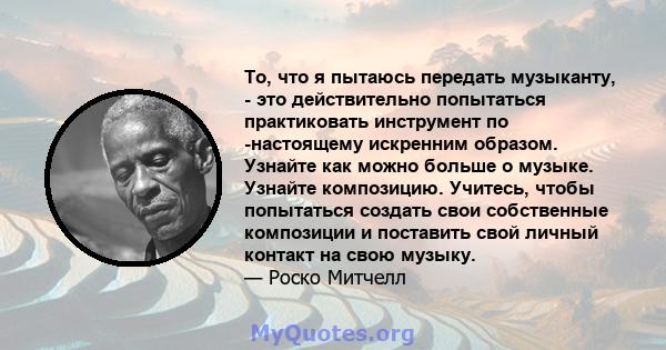 То, что я пытаюсь передать музыканту, - это действительно попытаться практиковать инструмент по -настоящему искренним образом. Узнайте как можно больше о музыке. Узнайте композицию. Учитесь, чтобы попытаться создать