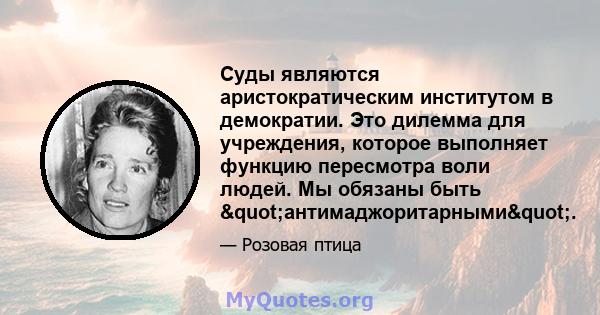 Суды являются аристократическим институтом в демократии. Это дилемма для учреждения, которое выполняет функцию пересмотра воли людей. Мы обязаны быть "антимаджоритарными".