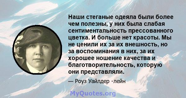 Наши стеганые одеяла были более чем полезны, у них была слабая сентиментальность прессованного цветка. И больше нет красоты. Мы не ценили их за их внешность, но за воспоминания в них, за их хорошее ношение качества и