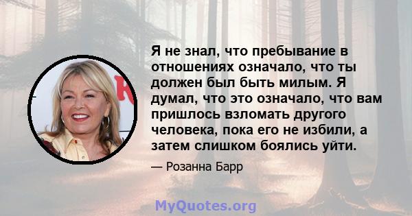 Я не знал, что пребывание в отношениях означало, что ты должен был быть милым. Я думал, что это означало, что вам пришлось взломать другого человека, пока его не избили, а затем слишком боялись уйти.