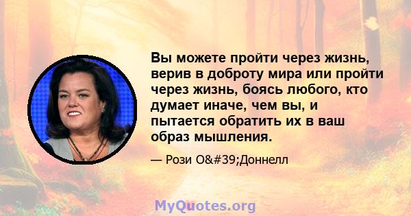 Вы можете пройти через жизнь, верив в доброту мира или пройти через жизнь, боясь любого, кто думает иначе, чем вы, и пытается обратить их в ваш образ мышления.