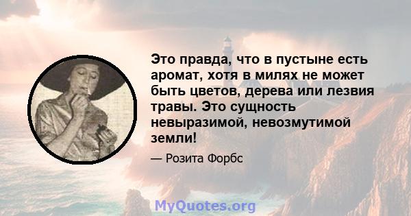 Это правда, что в пустыне есть аромат, хотя в милях не может быть цветов, дерева или лезвия травы. Это сущность невыразимой, невозмутимой земли!