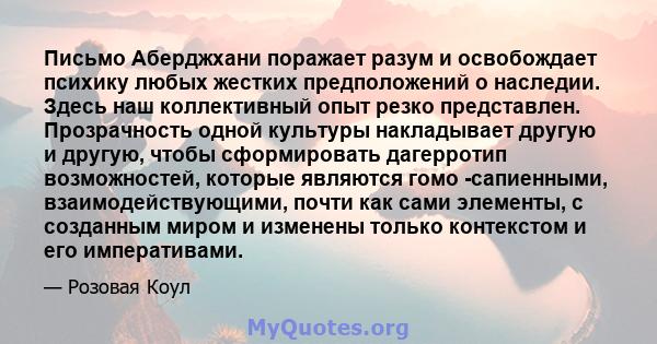 Письмо Аберджхани поражает разум и освобождает психику любых жестких предположений о наследии. Здесь наш коллективный опыт резко представлен. Прозрачность одной культуры накладывает другую и другую, чтобы сформировать