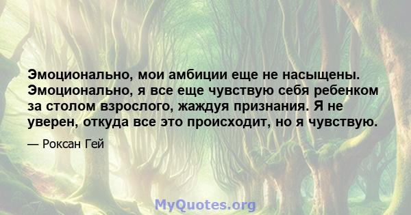 Эмоционально, мои амбиции еще не насыщены. Эмоционально, я все еще чувствую себя ребенком за столом взрослого, жаждуя признания. Я не уверен, откуда все это происходит, но я чувствую.