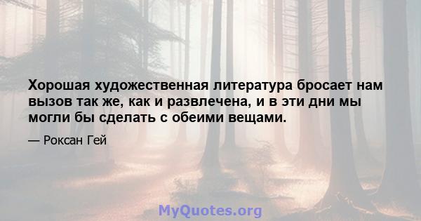 Хорошая художественная литература бросает нам вызов так же, как и развлечена, и в эти дни мы могли бы сделать с обеими вещами.