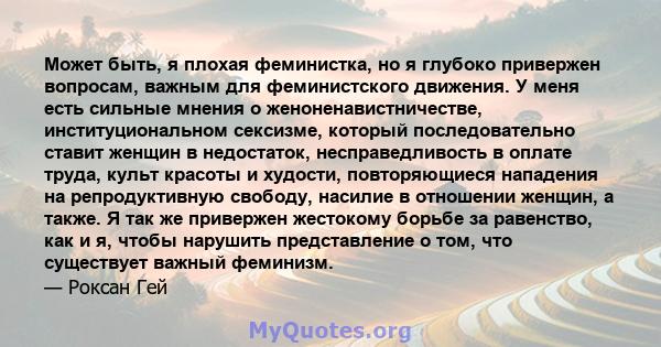 Может быть, я плохая феминистка, но я глубоко привержен вопросам, важным для феминистского движения. У меня есть сильные мнения о женоненавистничестве, институциональном сексизме, который последовательно ставит женщин в 