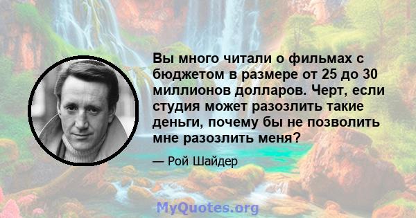 Вы много читали о фильмах с бюджетом в размере от 25 до 30 миллионов долларов. Черт, если студия может разозлить такие деньги, почему бы не позволить мне разозлить меня?