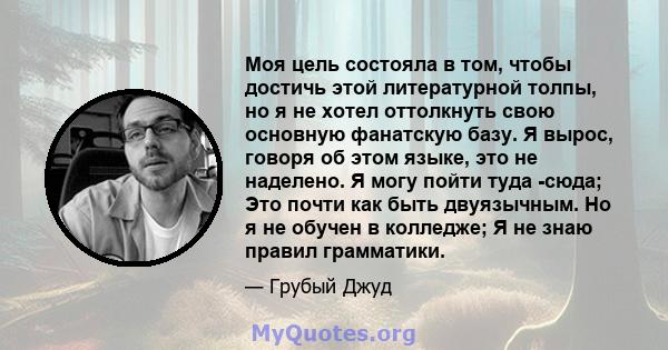 Моя цель состояла в том, чтобы достичь этой литературной толпы, но я не хотел оттолкнуть свою основную фанатскую базу. Я вырос, говоря об этом языке, это не наделено. Я могу пойти туда -сюда; Это почти как быть