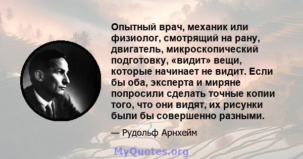 Опытный врач, механик или физиолог, смотрящий на рану, двигатель, микроскопический подготовку, «видит» вещи, которые начинает не видит. Если бы оба, эксперта и миряне попросили сделать точные копии того, что они видят,