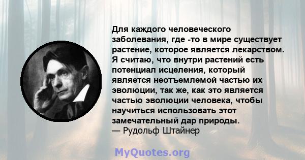 Для каждого человеческого заболевания, где -то в мире существует растение, которое является лекарством. Я считаю, что внутри растений есть потенциал исцеления, который является неотъемлемой частью их эволюции, так же,