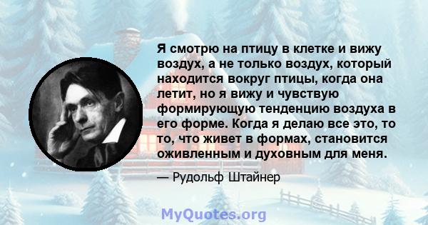 Я смотрю на птицу в клетке и вижу воздух, а не только воздух, который находится вокруг птицы, когда она летит, но я вижу и чувствую формирующую тенденцию воздуха в его форме. Когда я делаю все это, то то, что живет в