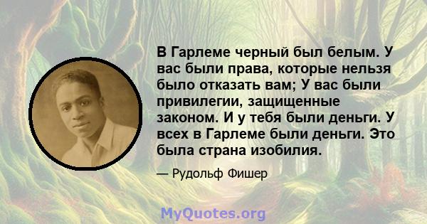 В Гарлеме черный был белым. У вас были права, которые нельзя было отказать вам; У вас были привилегии, защищенные законом. И у тебя были деньги. У всех в Гарлеме были деньги. Это была страна изобилия.