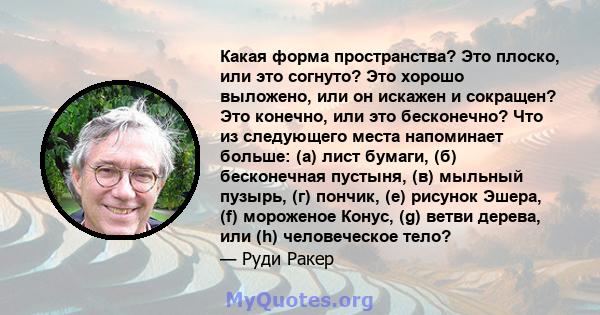 Какая форма пространства? Это плоско, или это согнуто? Это хорошо выложено, или он искажен и сокращен? Это конечно, или это бесконечно? Что из следующего места напоминает больше: (а) лист бумаги, (б) бесконечная