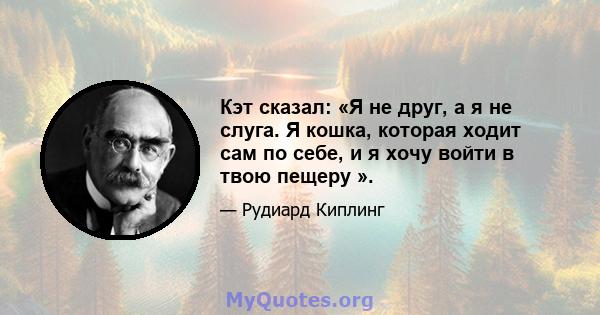 Кэт сказал: «Я не друг, а я не слуга. Я кошка, которая ходит сам по себе, и я хочу войти в твою пещеру ».