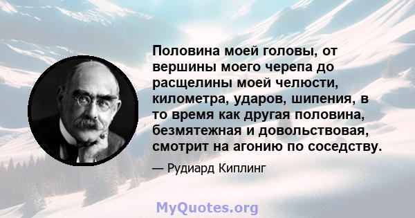 Половина моей головы, от вершины моего черепа до расщелины моей челюсти, километра, ударов, шипения, в то время как другая половина, безмятежная и довольствовая, смотрит на агонию по соседству.