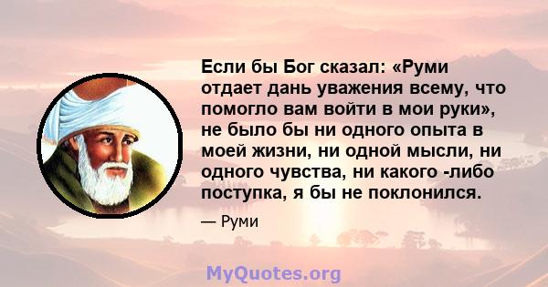 Если бы Бог сказал: «Руми отдает дань уважения всему, что помогло вам войти в мои руки», не было бы ни одного опыта в моей жизни, ни одной мысли, ни одного чувства, ни какого -либо поступка, я бы не поклонился.