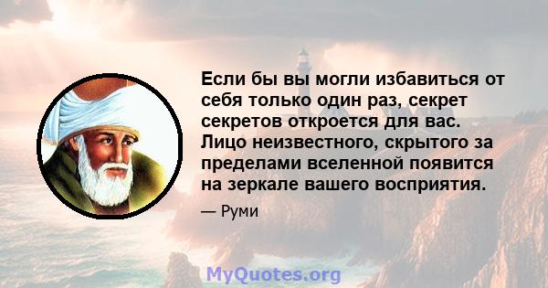 Если бы вы могли избавиться от себя только один раз, секрет секретов откроется для вас. Лицо неизвестного, скрытого за пределами вселенной появится на зеркале вашего восприятия.