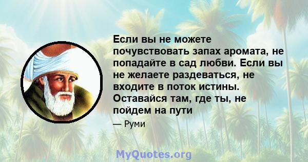 Если вы не можете почувствовать запах аромата, не попадайте в сад любви. Если вы не желаете раздеваться, не входите в поток истины. Оставайся там, где ты, не пойдем на пути