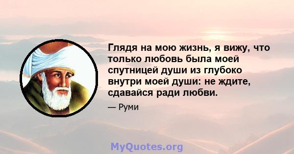 Глядя на мою жизнь, я вижу, что только любовь была моей спутницей души из глубоко внутри моей души: не ждите, сдавайся ради любви.