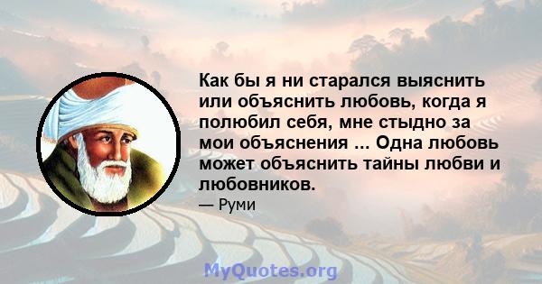 Как бы я ни старался выяснить или объяснить любовь, когда я полюбил себя, мне стыдно за мои объяснения ... Одна любовь может объяснить тайны любви и любовников.