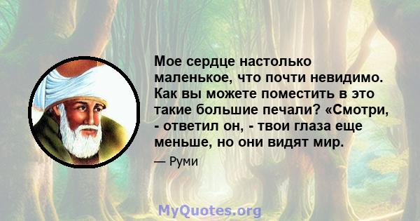 Мое сердце настолько маленькое, что почти невидимо. Как вы можете поместить в это такие большие печали? «Смотри, - ответил он, - твои глаза еще меньше, но они видят мир.