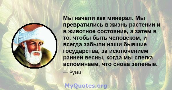 Мы начали как минерал. Мы превратились в жизнь растений и в животное состояние, а затем в то, чтобы быть человеком, и всегда забыли наши бывшие государства, за исключением ранней весны, когда мы слегка вспоминаем, что