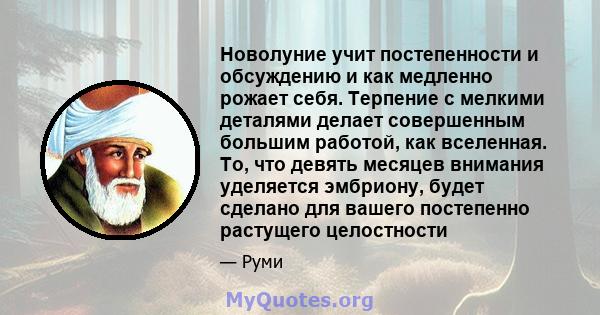 Новолуние учит постепенности и обсуждению и как медленно рожает себя. Терпение с мелкими деталями делает совершенным большим работой, как вселенная. То, что девять месяцев внимания уделяется эмбриону, будет сделано для