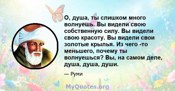 О, душа, ты слишком много волнуешь. Вы видели свою собственную силу. Вы видели свою красоту. Вы видели свои золотые крылья. Из чего -то меньшего, почему ты волнуешься? Вы, на самом деле, душа, душа, души.