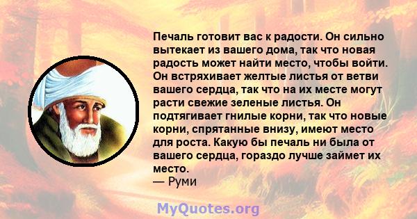 Печаль готовит вас к радости. Он сильно вытекает из вашего дома, так что новая радость может найти место, чтобы войти. Он встряхивает желтые листья от ветви вашего сердца, так что на их месте могут расти свежие зеленые