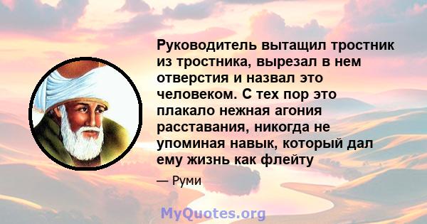 Руководитель вытащил тростник из тростника, вырезал в нем отверстия и назвал это человеком. С тех пор это плакало нежная агония расставания, никогда не упоминая навык, который дал ему жизнь как флейту