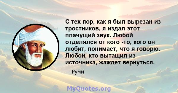 С тех пор, как я был вырезан из тростников, я издал этот плачущий звук. Любой отделялся от кого -то, кого он любит, понимает, что я говорю. Любой, кто вытащил из источника, жаждет вернуться.