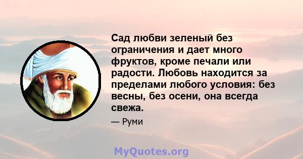 Сад любви зеленый без ограничения и дает много фруктов, кроме печали или радости. Любовь находится за пределами любого условия: без весны, без осени, она всегда свежа.