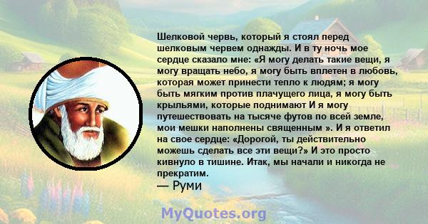 Шелковой червь, который я стоял перед шелковым червем однажды. И в ту ночь мое сердце сказало мне: «Я могу делать такие вещи, я могу вращать небо, я могу быть вплетен в любовь, которая может принести тепло к людям; я