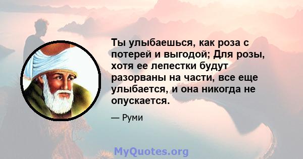 Ты улыбаешься, как роза с потерей и выгодой; Для розы, хотя ее лепестки будут разорваны на части, все еще улыбается, и она никогда не опускается.