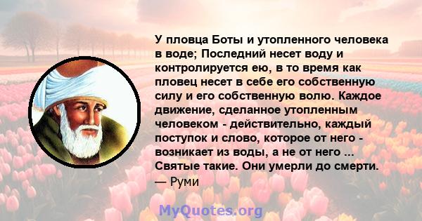 У пловца Боты и утопленного человека в воде; Последний несет воду и контролируется ею, в то время как пловец несет в себе его собственную силу и его собственную волю. Каждое движение, сделанное утопленным человеком -