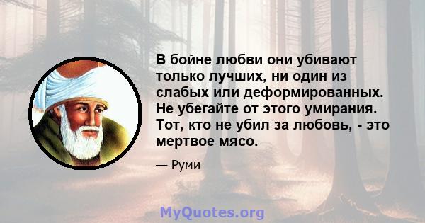 В бойне любви они убивают только лучших, ни один из слабых или деформированных. Не убегайте от этого умирания. Тот, кто не убил за любовь, - это мертвое мясо.