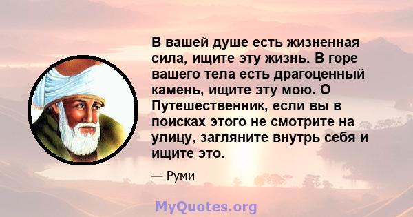 В вашей душе есть жизненная сила, ищите эту жизнь. В горе вашего тела есть драгоценный камень, ищите эту мою. O Путешественник, если вы в поисках этого не смотрите на улицу, загляните внутрь себя и ищите это.