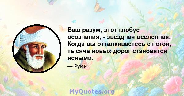 Ваш разум, этот глобус осознания, - звездная вселенная. Когда вы отталкиваетесь с ногой, тысяча новых дорог становятся ясными.