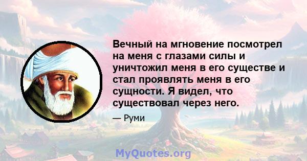 Вечный на мгновение посмотрел на меня с глазами силы и уничтожил меня в его существе и стал проявлять меня в его сущности. Я видел, что существовал через него.